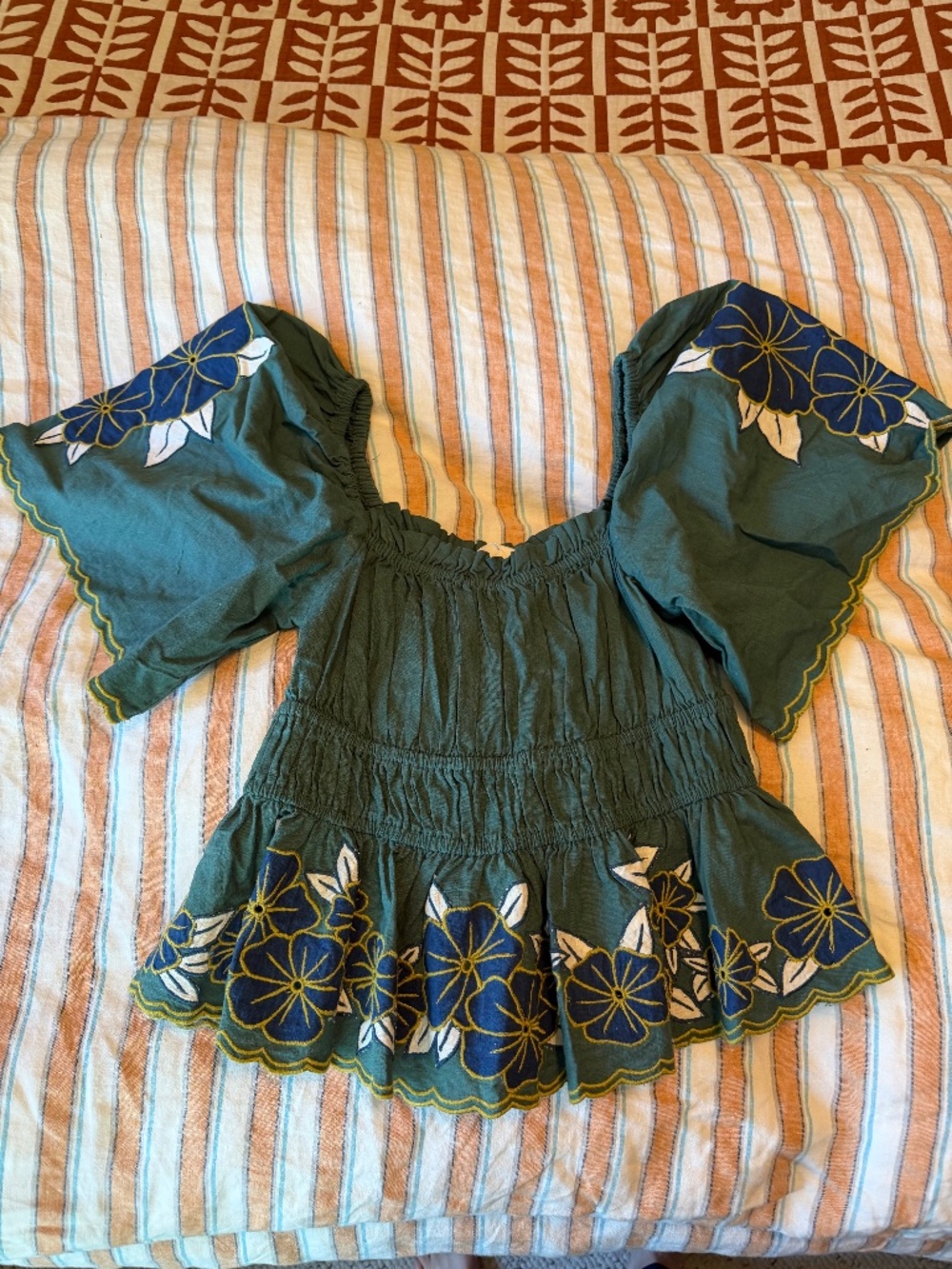 The Great-The Wanderlust Floral Embroidered Pleated Peplum Top-Green-Size 1